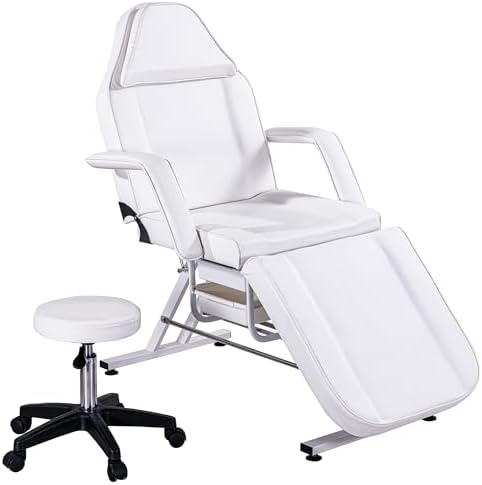 Massage Bed Tattoo Chair Massage Salon with Two Trays,Esthetician Bed with Hydraulic Stool,Multi-Purpose 3-Section Facial Bed Table, Adjustable Beauty Barber Spa Beauty Equipment White