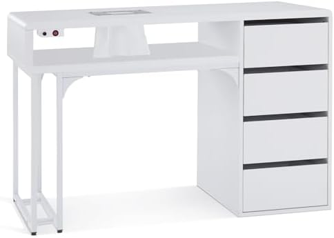 BarberPub Nail Storage Desk with 60W Embedded Nail Vacuum Cleaner, Square-Shape Nail Dust Collector Manicure Table Workstation, Professional Beauty Equipment for Nail Salon VC229 (White)