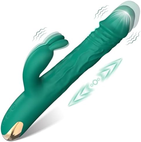 Rabbit Thrusting G Spot Vibrator Adult Sex Toys for Women, with Vibrating Ears, Dildo Vibrators Silicone Realistic Vibradores, 3 in 1Vibrators with 5 Thrusting 10 Vibrations Modes (Green)