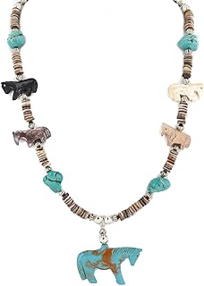 Carved Fetish Horse .925 Sterling Silver Certified Authentic Navajo Natural Jasper Bone Graduated Melon Shell Native American Necklace