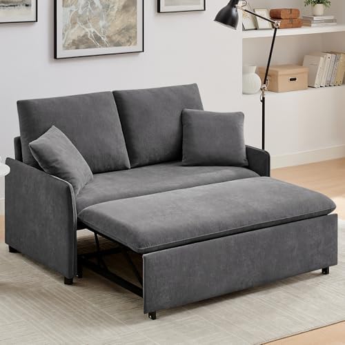 Sleeper Sofa Bed, 3 in 1 Pull-Out Convertible Sofa Bed, 55'' Lounge Soft Futon Sofa with Adjustable Backrest, Chenille Couches for Living Room/Office/Apartment, Grey
