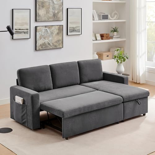 Sleeper Sofa Bed, 85'' Pull-Out Convertible Sofa Bed, Lounge Soft Futon Sofa, Detachable Chenille Cover, Couches for Living Room/Office/Apartment, Grey