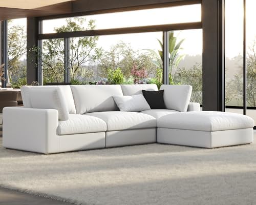 Modular Sectional Sofa, 114 Inches Oversized Down Filled Sectional Sofa, 4 Seats L Shaped Comfy Couch with Chaise, Ottoman, Could Sofa for Living Room, White Linen Couch Set