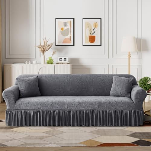 WONGS BEDDING Stretch Velvet Sofa Slipcover, Cushion Couch Cover with Skirt, Pet Friendly Durable Washable Stretchable, Easy Fit Universal Furniture Protector, (75"-91",Dark Gray)