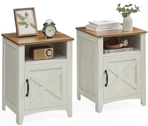 VASAGLE Farmhouse Nightstand with Barn Door, Set of 2, Bedside Table with Storage, Side End Table, Night Stand with Open Compartment, for Bedroom, Rustic White and Honey Brown ULET809K41
