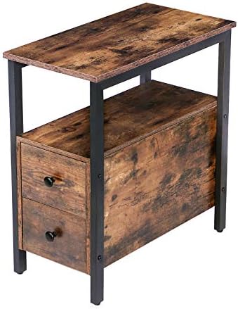HOOBRO End Table, Narrow Chairside Table with Drawer and Open Storage Shelf, Nightstand for Small Spaces, Stable and Sturdy Construction, Wood Look Accent Furniture, Rustic Brown and Black BF548BZ01G2