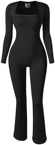 OQQ Long Sleeve Jumpsuits for Women Ribbed Long Sleeve Yoga Bell Bottoms Flare Jumpsuits