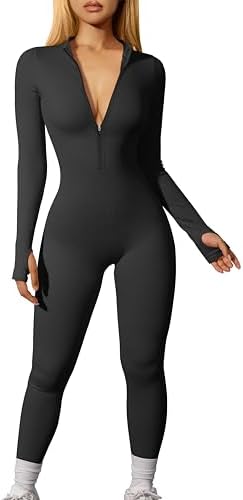OQQ Women Yoga Jumpsuits Workout Ribbed Long Sleeve Zip Front Sport Jumpsuits