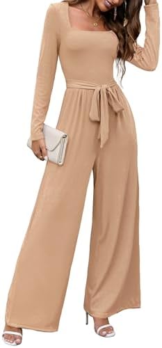 Jumpsuits For Women Dressy Long Sleeve Square Neck Casual Belted Wide Leg Long Pants Romper One Piece Outfits