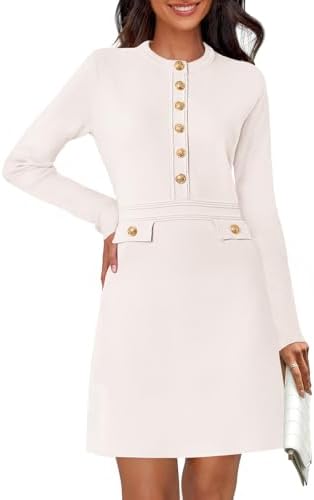 MEROKEETY Women's Long Sleeve Bodycon Sweater Dress Button Crew Neck Elegant Formal Mini Dresses