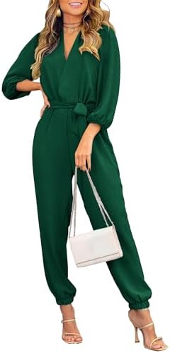 BTFBM Womens Spring Long Sleeve Jumpsuits Dressy Casual One Piece Outfits V Neck High Waist Belt Pocket Long Pants Romper