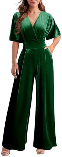 DAAWENXI Women's Casual Velvet V Neck Short Sleeve Jumpsuits Long Wide Pants One Piece Romper with Pocket