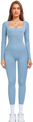 OLCHEE Womens Long Sleeve Workout Jumpsuit Square Neck Ribbed Seamless Yoga Romper Sexy Bodycon Tummy Control Unitard Onesie