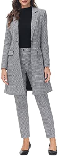 MODFUL Women's 2 Piece Long Blazer with Pants Set Small Plaid Elegant Suit Set for Casual Business Office