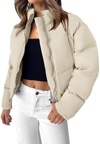 ZESICA Women's Long Sleeve Cropped Puffer Jacket Winter Zipper Quilted Baggy Warm Short Down Coat Outwear with Pockets