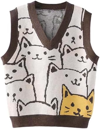 Gihuo Womens Cat Sweater Vest V Neck Y2k Graphic Knitted Vests Pullover Sleeveless Knitwear Cute Tunic Knit Top