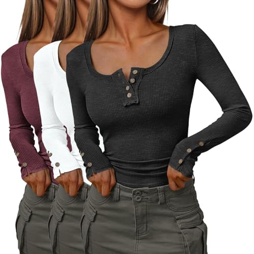 SUNBS Womens 3 Packs Long Sleeve Shirts Casual Fall Fashion Outfits Clothes Henley Tops Basic Ribbed Knit T-Shirts 2024