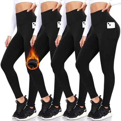 FULLSOFT 4 Pack Fleece Lined Leggings with Pockets for Women High Waisted Thermal Winter Warm Yoga Pants for Workout Running