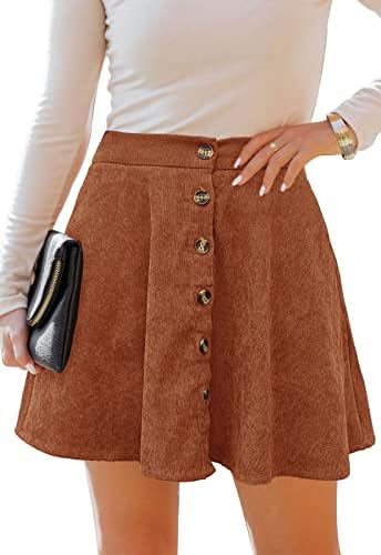 Women’s Button Front Mini Skirt A-line Pleated Corduroy Skater Skirts for Women with Pocket