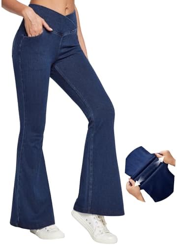 IUGA Bell Bottom Jeans for Women High Waisted Stretchy Flare Jeans Pull On Wide Leg Jeans V Cross Tummy Control Flare Pants