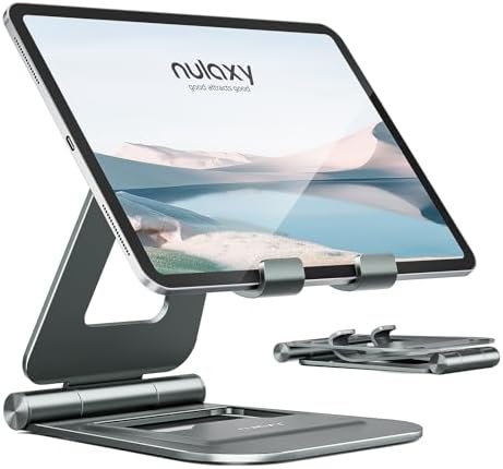 Nulaxy Aluminum Dual Foldable iPad Stand, Fully Adjustable Desktop Tablet Holder, iPad Accessories for Office Kindle Compatible with Mobile Devices iPad Pro/Air/Mini, iPhone Pro/Max/Plus, Gray