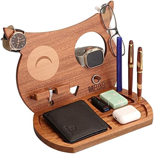 Handmade Wooden Phone Base Finishing Desk Charging Station Mobile Phone Holder Tablet Glasses Wallet Tray Unique Creative Gift (Brown)