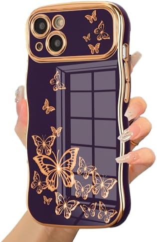 ZTOFERA for iPhone 14 Case for Girl Women, Cute Curly Wave Frame with Luxury Plating Butterfly Pattern, Soft TPU Gold Edge Shockproof Raised Lens Protection Phone Case for iPhone 14, Dark Purple