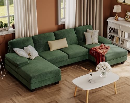 Furmax Sectional Couches for Living Room, U-Shaped Sofa Couch with Linen Fabric, 4 Seat Sofa Set with Double Chaise for Apartment (Fabric, Green)