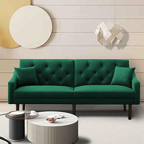 Convertible Futon Sofa Bed & Upholstered Velvet Loveseat Folding Sleeper Couch with 2 Pillows & Adjustable Backrest for Small Space,Office,Apartment, Green