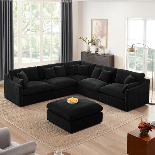 L Shaped Modular Sectional Sofa Set with Ottoman, Free Combination Deep Seat Sofa with Down Feathers Filled,10 Pillows, 6-Seats Oversized Corner Sofa for Living Room Furniture,Chenille Black