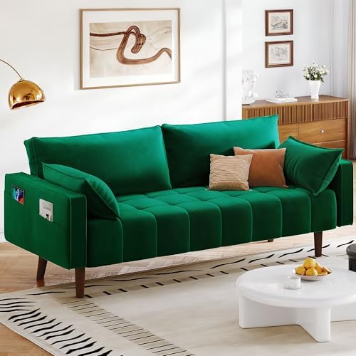 DWVO 70" Loveseat Sofa, Velvet Fabric Sofa Couch for Small Space, Modern Loveseat with Button Tufted Seat and Side Storage Pockect, 3 Seater Couch for Living Room Bedroom, 2 Pillows Included, Green