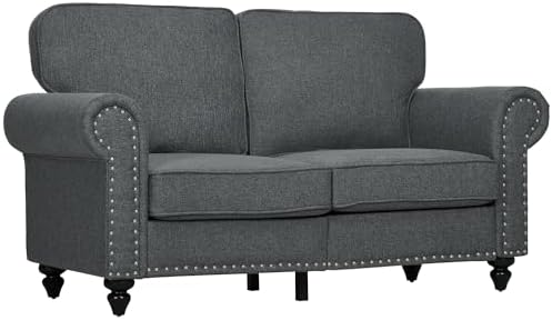 HOMCOM 61" Loveseat Sofa, Mid Century Modern 2 Seater Small Couch with Nailhead Trim, Rolled Arm, Fabric Upholstered Love Seat for Living Room and Bedroom, Charcoal Gray