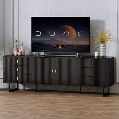 TV Stand for 75+ Inch TV, Modern Living Room Entertainment Center with Storage Cabinets,TV Table, Media Console with Ajustable Shelves & Cable Management, with 6 Large Storage Drawers, Black