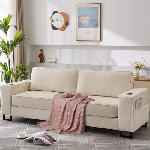 91.3" Chenille Loveseat Sofa, Deep Seat Couch with Side Pockets & Cup Holders, Modern Sofa Couch with Square Armrest, Comfy Lounge Sofa for Living Room, Bedroom, Small Spaces (Beige)