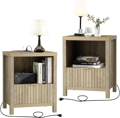 Night Stand Set of 2, Fluted Nightstand with Charging Station Bed Side Table End Table with Drawer Storage Mid Century Wood Night Stands for Bedroom Living Room (Sunwashed Ash Oak)