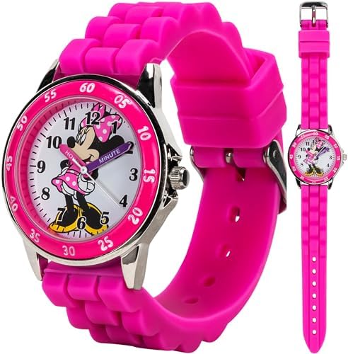 Minnie Mouse Kids' Analog Watch by Accutime - Pink Bezel, Strap & Dial, Time-Teacher Model MN1157